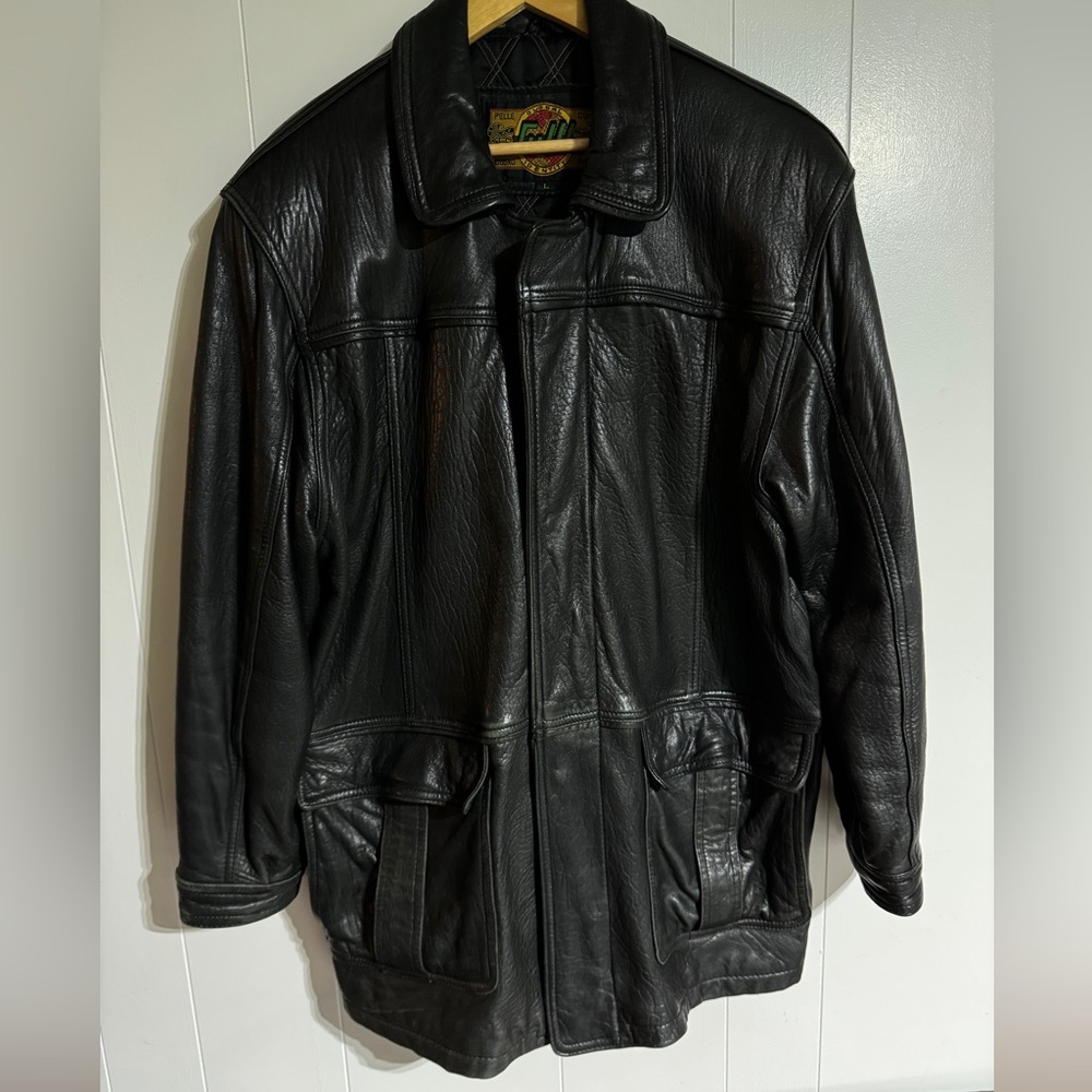Vintage Black Leather Jacket Global Identity Stand Collar Zip Quilt Lined 90s